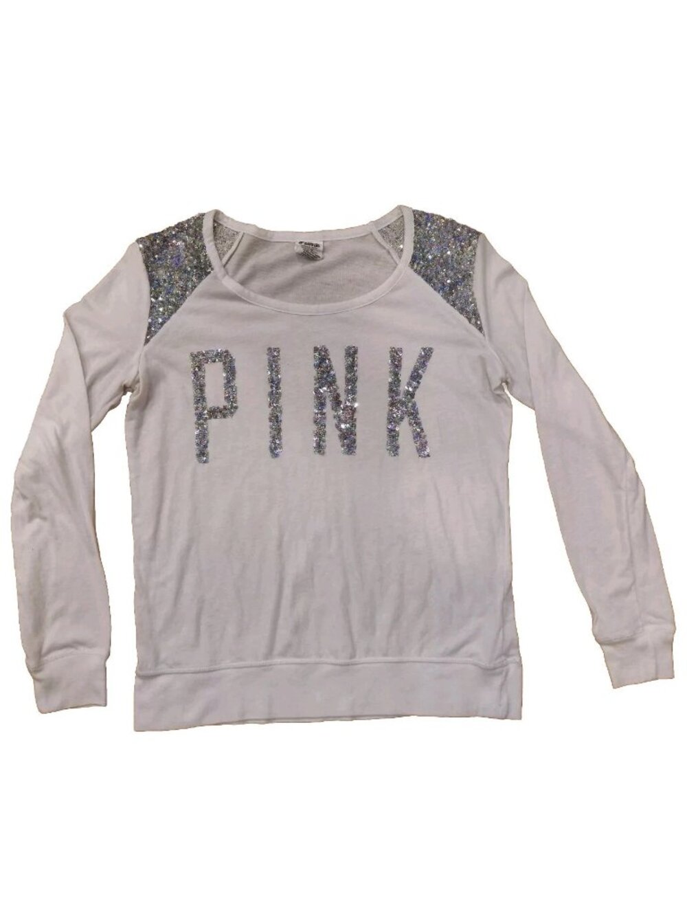 Y2K VTG Victoria's Secret Pink White Sequin Long Sleeve Scoop Neck Women's Sz S